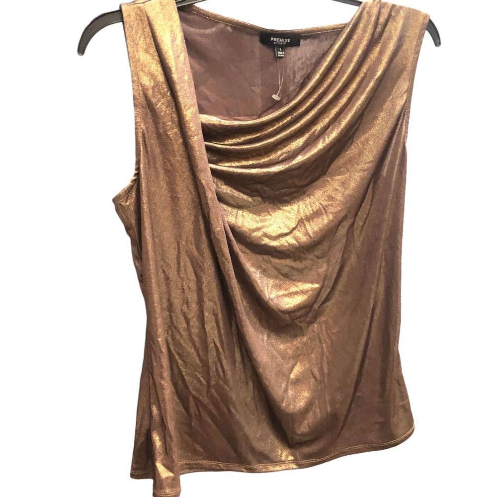 New Premise Studio Antoinette Bronze Gold Foil Dress Tank Top Blouse Large - Picture 2 of 7